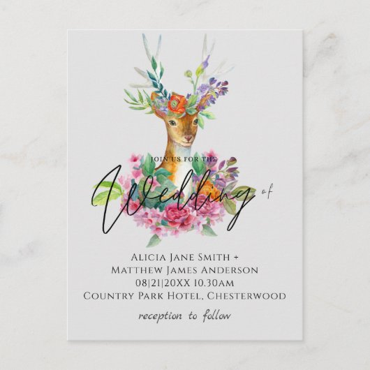 Boho Woodland Deer Floral Budget Wedding Invites Briefkaart (Voorkant)