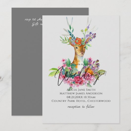 Boho Woodland Deer Floral Budget Wedding Invites Kaart (Voorkant / Achterkant)