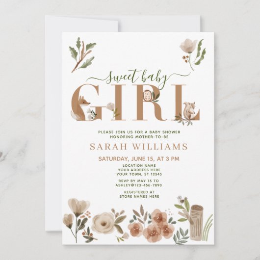 Boho Woodland Dieren Lief Baby Meisje Douche Kaart (Voorkant)