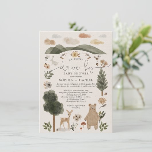 Boho Woodland Drive-By Baby shower Uitnodiging Kaa (Staand voorkant)