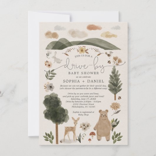 Boho Woodland Drive-By Baby shower Uitnodiging Kaa (Voorkant)
