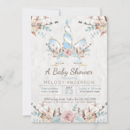 BOHO Woodland Floral Unicorn Baby shower Blue Kaart