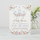 BOHO Woodland Floral Unicorn Baby shower Blue Kaart (Staand voorkant)