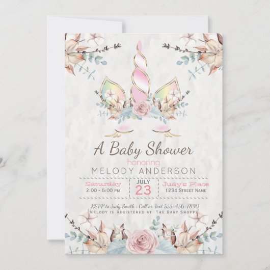 BOHO Woodland Floral Unicorn Baby shower Roze Kaart (Voorkant)