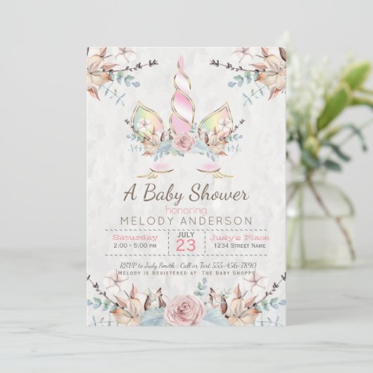 BOHO Woodland Floral Unicorn Baby shower Roze Kaart (Staand voorkant)