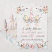 BOHO Woodland Floral Unicorn Baby shower Roze Kaart (Voorkant / Achterkant)