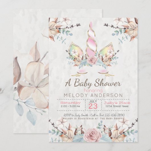 BOHO Woodland Floral Unicorn Baby shower Roze Kaart (Voorkant / Achterkant)