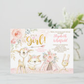 Boho Woodland Forest Pink Gold Floral Baby shower Kaart (Staand voorkant)