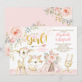 Boho Woodland Forest Pink Gold Floral Baby shower Kaart
