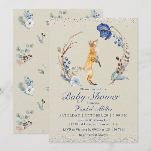 Boho Woodland Fox Waterverf Glitter Baby shower Kaart (Voorkant / Achterkant)