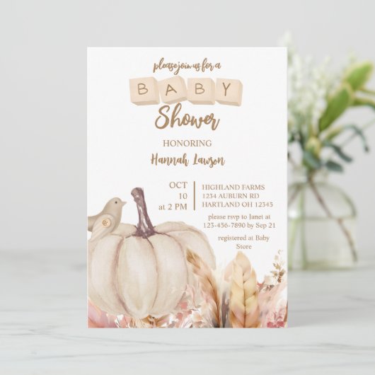 Boho Woodland Herfst Pompoen Meisje Baby shower Kaart (Staand voorkant)