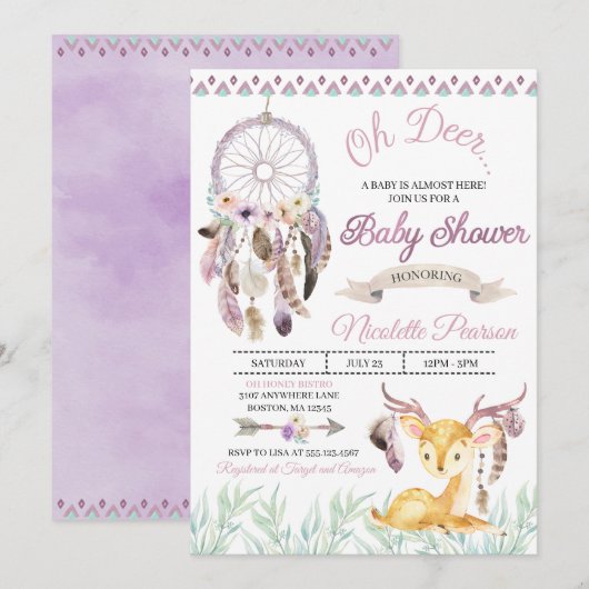 Boho Woodland Paarse Baby shower Kaart (Voorkant / Achterkant)