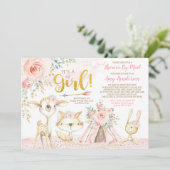  Boho Woodland Pink Gold Baby shower per post Kaart (Staand voorkant)