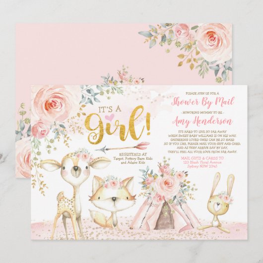  Boho Woodland Pink Gold Baby shower per post Kaart (Voorkant / Achterkant)