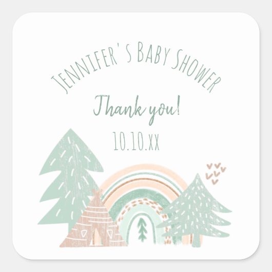 Boho Woodland Rainbow Bedankt Vierkante Sticker (Voorkant)
