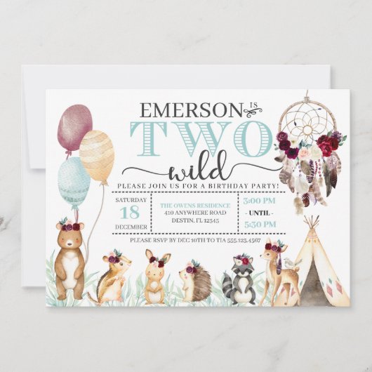 Boho Woodland Two Wild Second Birthday Invitation Kaart (Voorkant)