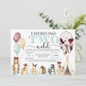Boho Woodland Two Wild Second Birthday Invitation Kaart (Staand voorkant)
