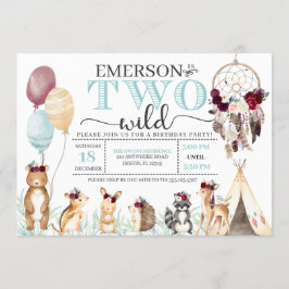 Boho Woodland Two Wild Second Birthday Invitation Kaart