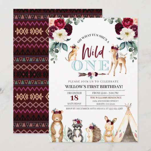 Boho Woodland Wild One First Birthday Invitation Kaart (Voorkant / Achterkant)