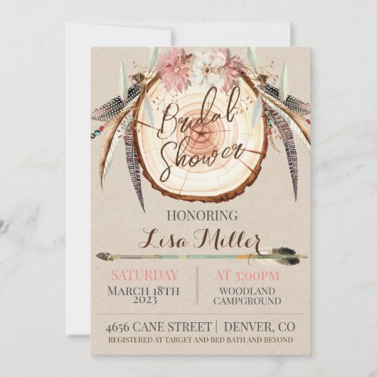 Boho WoodSlice Rustic Bridal Shower Invitation Kaart (Voorkant)