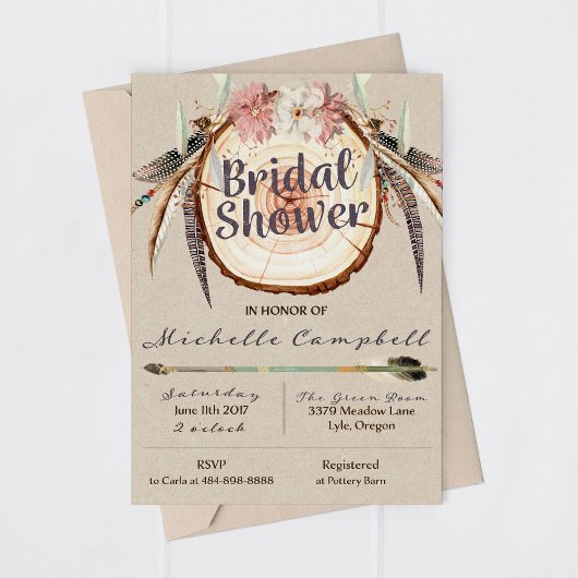 Boho WoodSlice Rustic Bridal Shower Invitation Kaart