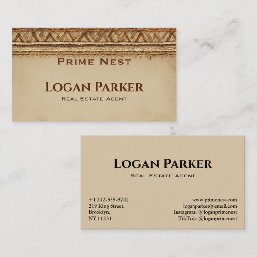 Boho Woven Texture Real Estate Business Card Visitekaartje (Voorkant / Achterkant)