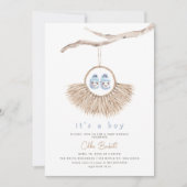 Boho Wreath Baby Boy Blue Tan Baby shower Kaart (Voorkant)