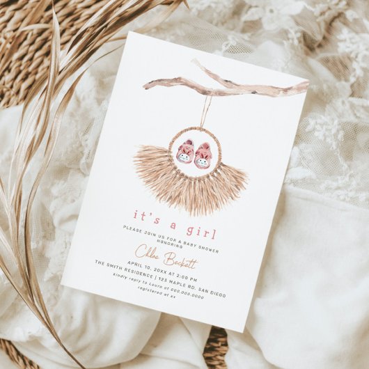 Boho Wreath Baby Girl Blush Tan Baby shower Kaart