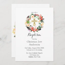 Boho Wreath Gold Cross Baptisme Invitation Kaart