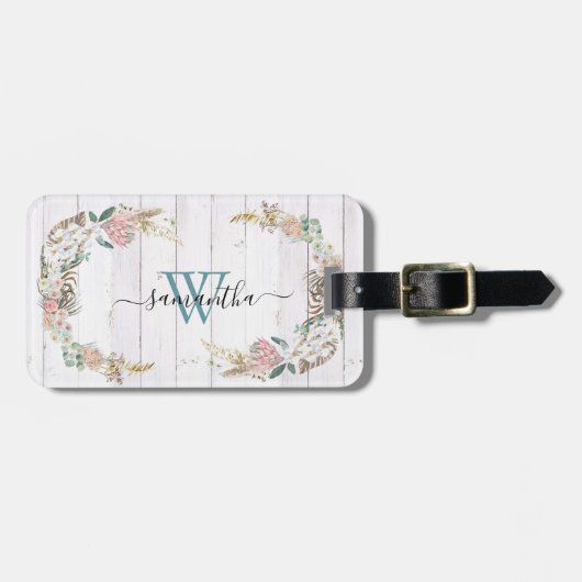 Boho Wreath Monogram Gift Floral Waterverf Bagagelabel (Voorkant horizontaal)