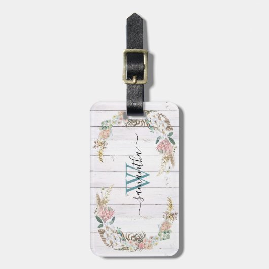 Boho Wreath Monogram Gift Floral Waterverf Bagagelabel (Voorkant verticaal)