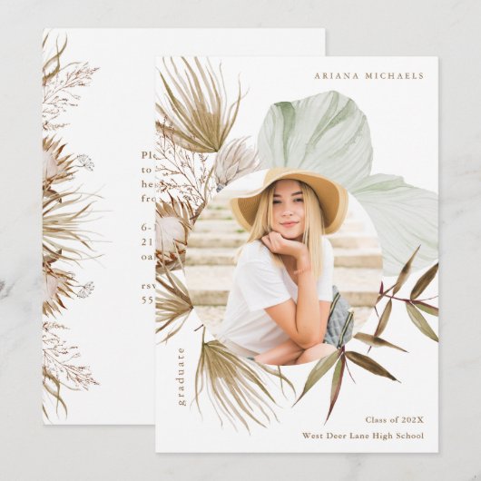 Boho Wreath One Photo Graduation Party Invitation Aankondiging (Voorkant / Achterkant)