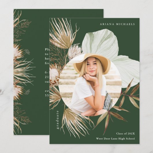 Boho Wreath One Photo Graduation Party Invitation Aankondiging (Voorkant / Achterkant)