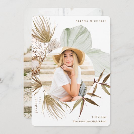 Boho Wreath Two Photo Afstuderen Aankondiging (Voorkant / Achterkant)