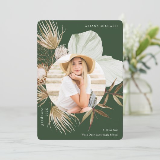 Boho Wreath Two Photo Afstuderen Green Aankondiging (Staand voorkant)