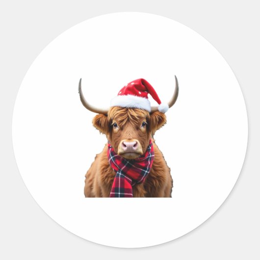 Boho Xmas Christmas Highland Cow T-Shirt (2) Ronde Sticker (Voorkant)