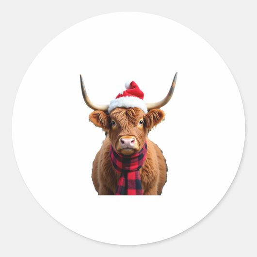 Boho Xmas Christmas Highland Cow T-Shirt (3) Ronde Sticker (Voorkant)