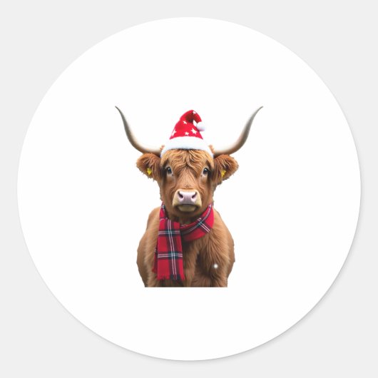 Boho Xmas Christmas Highland Cow T-Shirt (4) Ronde Sticker (Voorkant)