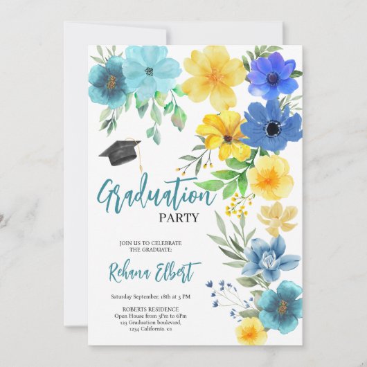 Boho Yellow & Blue Floral Afstuderen Uitnodiging (Voorkant)