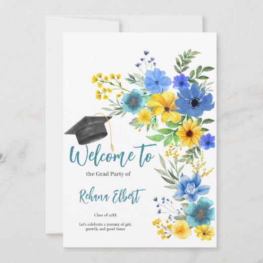 Boho Yellow & Blue Floral Afstuderen Uitnodiging (Voorkant)