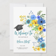 Boho Yellow & Blue Floral Afstuderen Uitnodiging