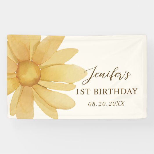 Boho Yellow Daisy 1e verjaardag Spandoek (Horizontaal)