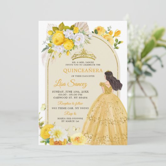 Boho Yellow Princess Mis Quince Anos Uitnodiging (Staand voorkant)