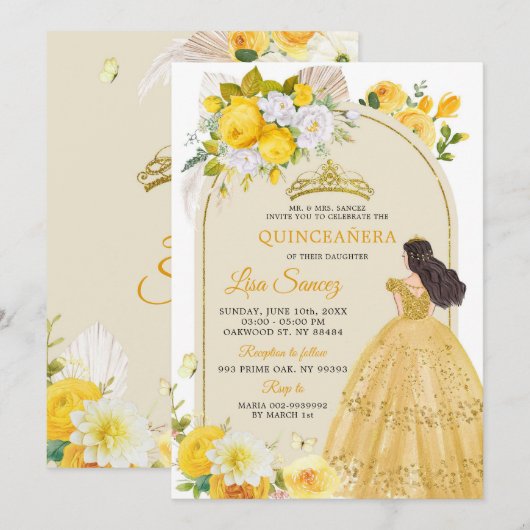 Boho Yellow Princess Mis Quince Anos Uitnodiging (Voorkant / Achterkant)