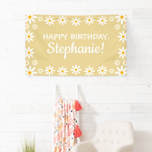 Boho Yellow Sand Retro Daisies Birthday Party Spandoek (Insitu)