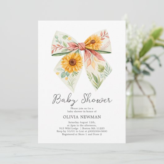 Boho Yellow Sunflower Bow Baby shower Uitnodiging (Staand voorkant)