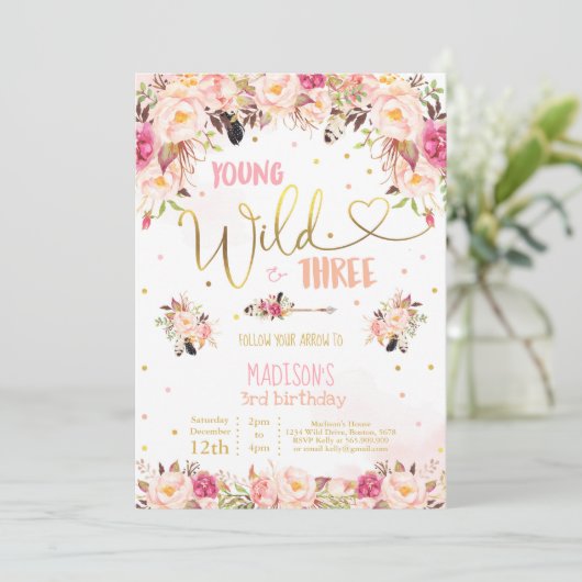 Boho Young Wild and Three Birthday Invitation Kaart (Staand voorkant)