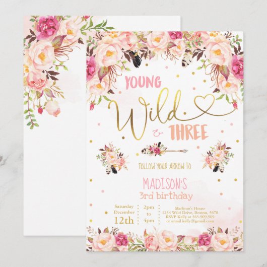 Boho Young Wild and Three Birthday Invitation Kaart (Voorkant / Achterkant)