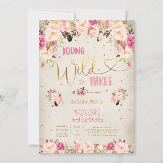 Boho Young Wild and Three Birthday Invitation Kaart (Voorkant)