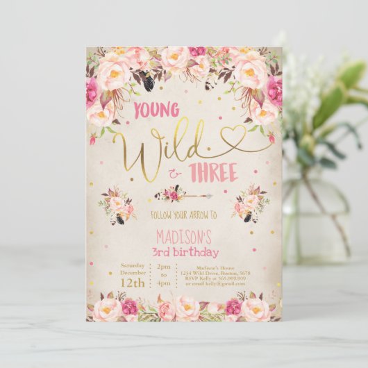 Boho Young Wild and Three Birthday Invitation Kaart (Staand voorkant)